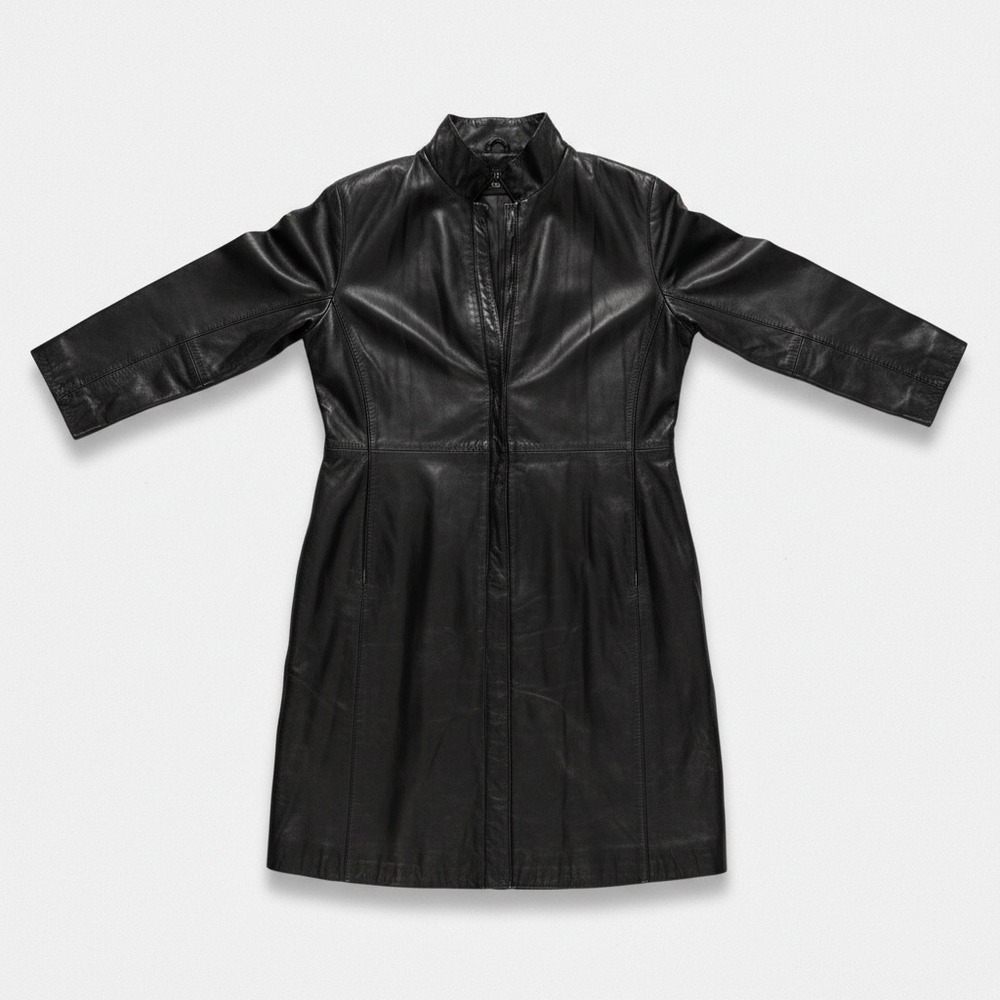 Vintage Anne Klein Long Coat Women Large Black Leather Zip‎ Front Mock Neck y2k